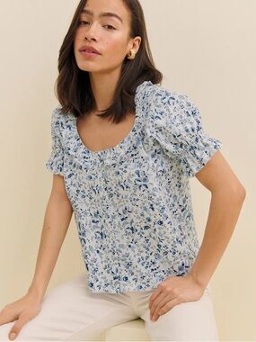 Reformation Sierra Linen Top - Blue Floral
